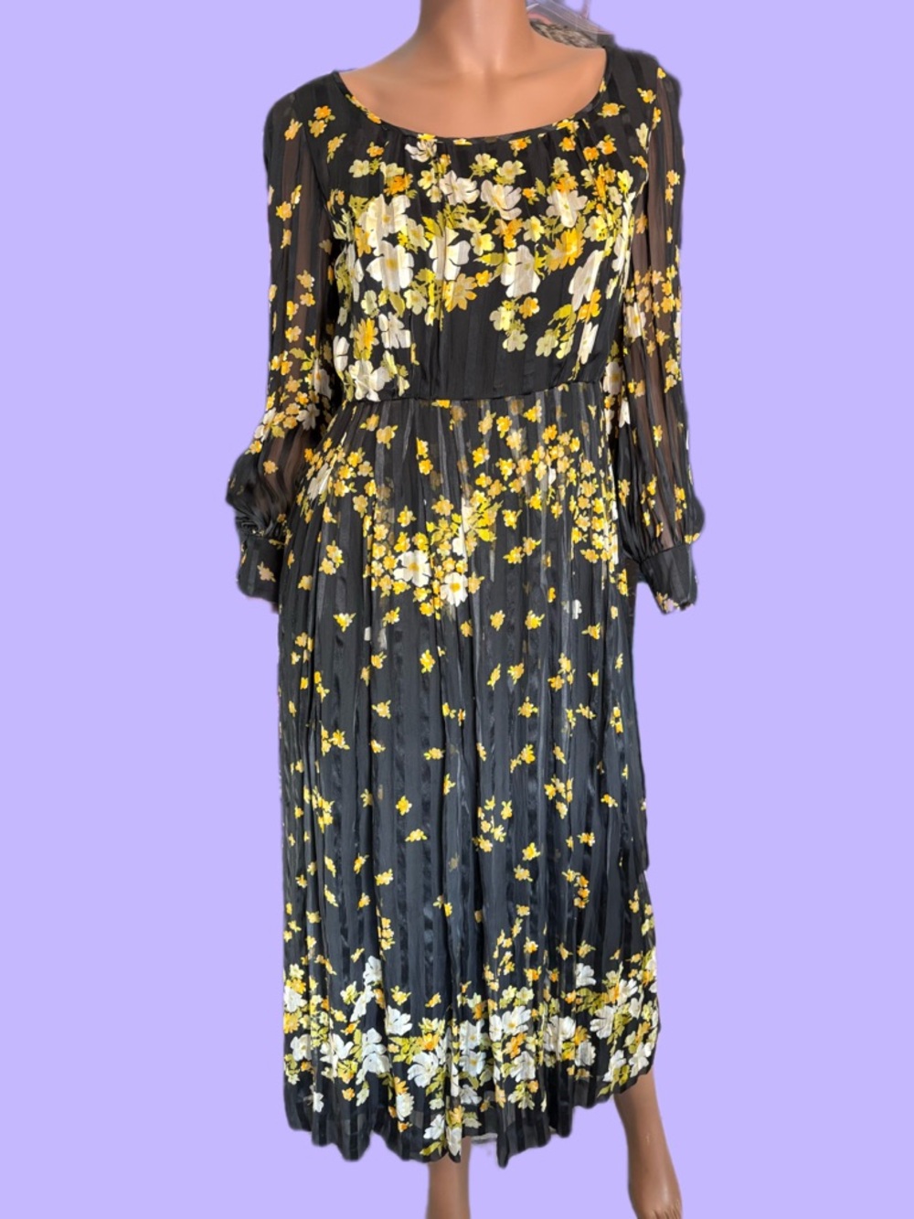 Vintage 70s Black & Yellow Floral Long Sleeve Maxi Dress